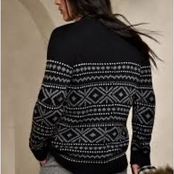 Banana Republic Fairisle Sweater Men’s Sz L Black Gray Knit Crewneck Wool Blend - Picture 1 of 10